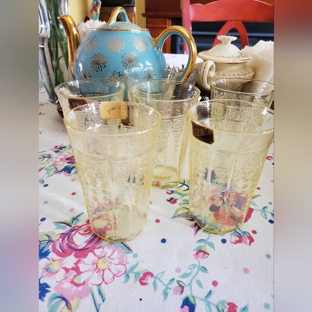 Depression glass Princess topaz juice glasses 6